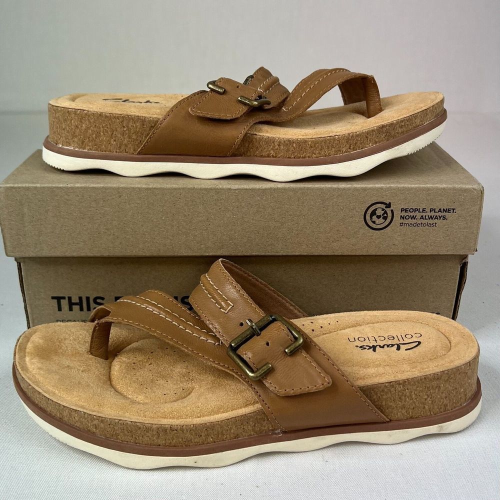 Clarks Womens Brynn Madi Sandals Light Tan Leather Buckle Toe Post Flats‎ Sz 7